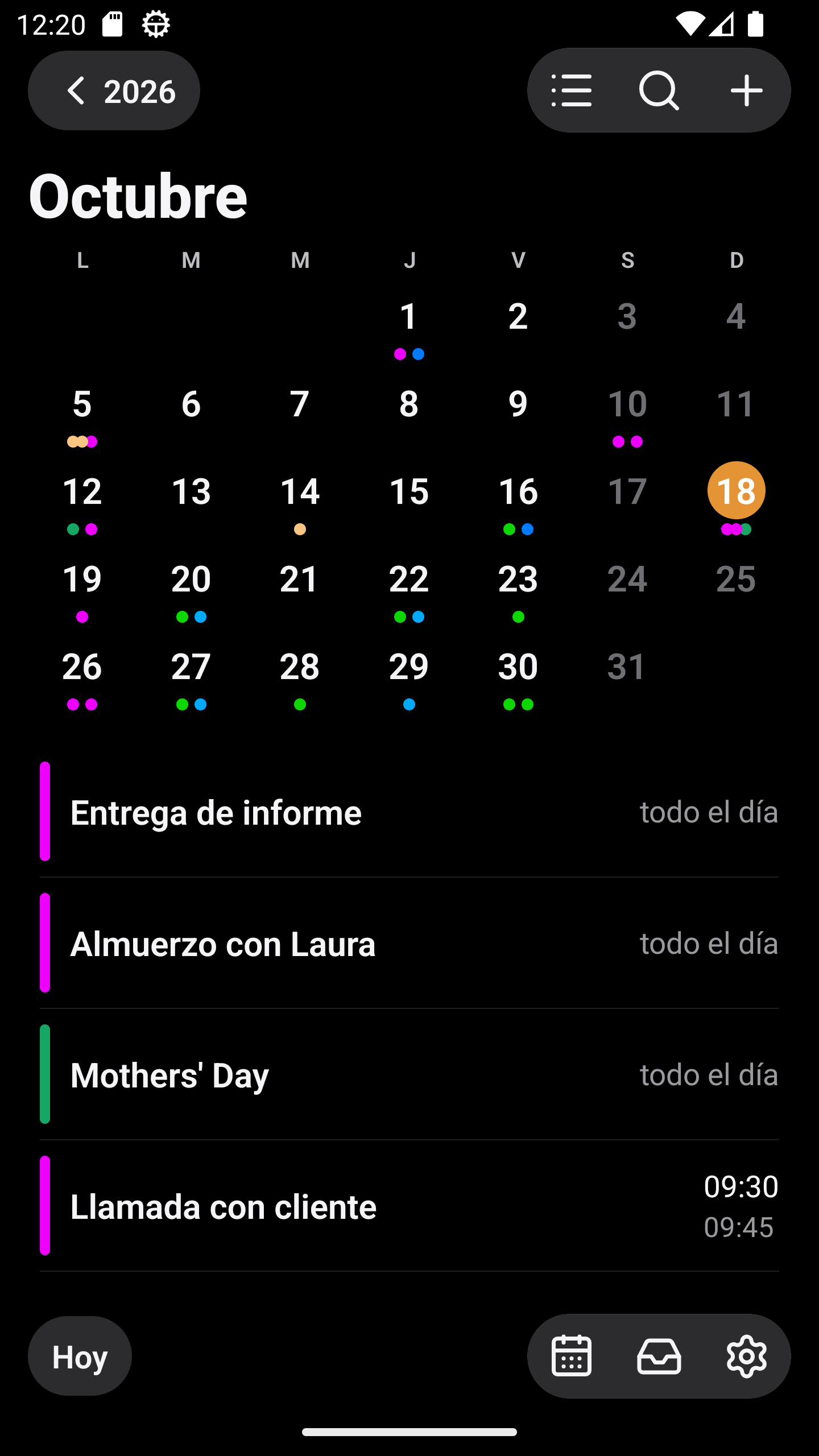 Agenda de PietroCAL en tema oscuro