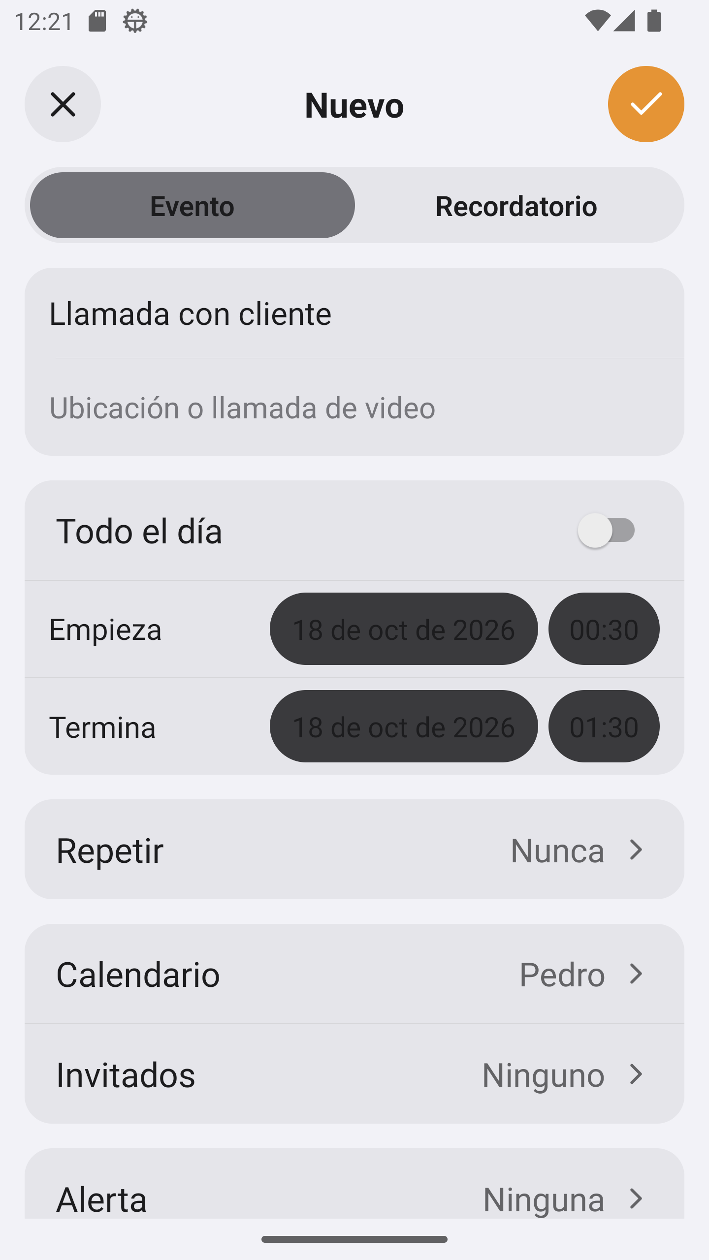 Editor de eventos de PietroCAL en Android