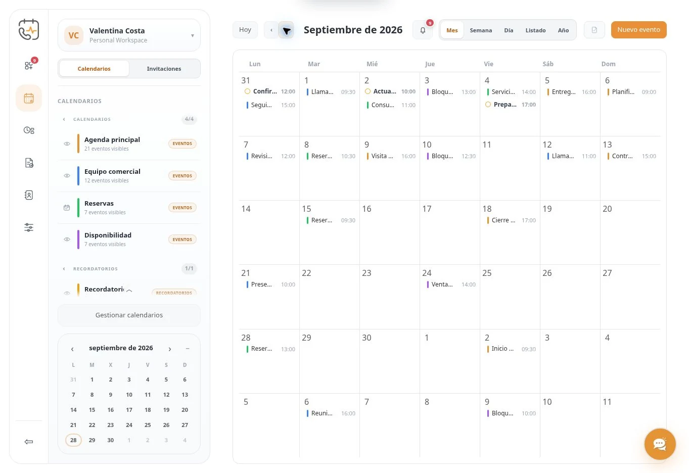 Vista mensual real de PietroCal con calendarios y eventos