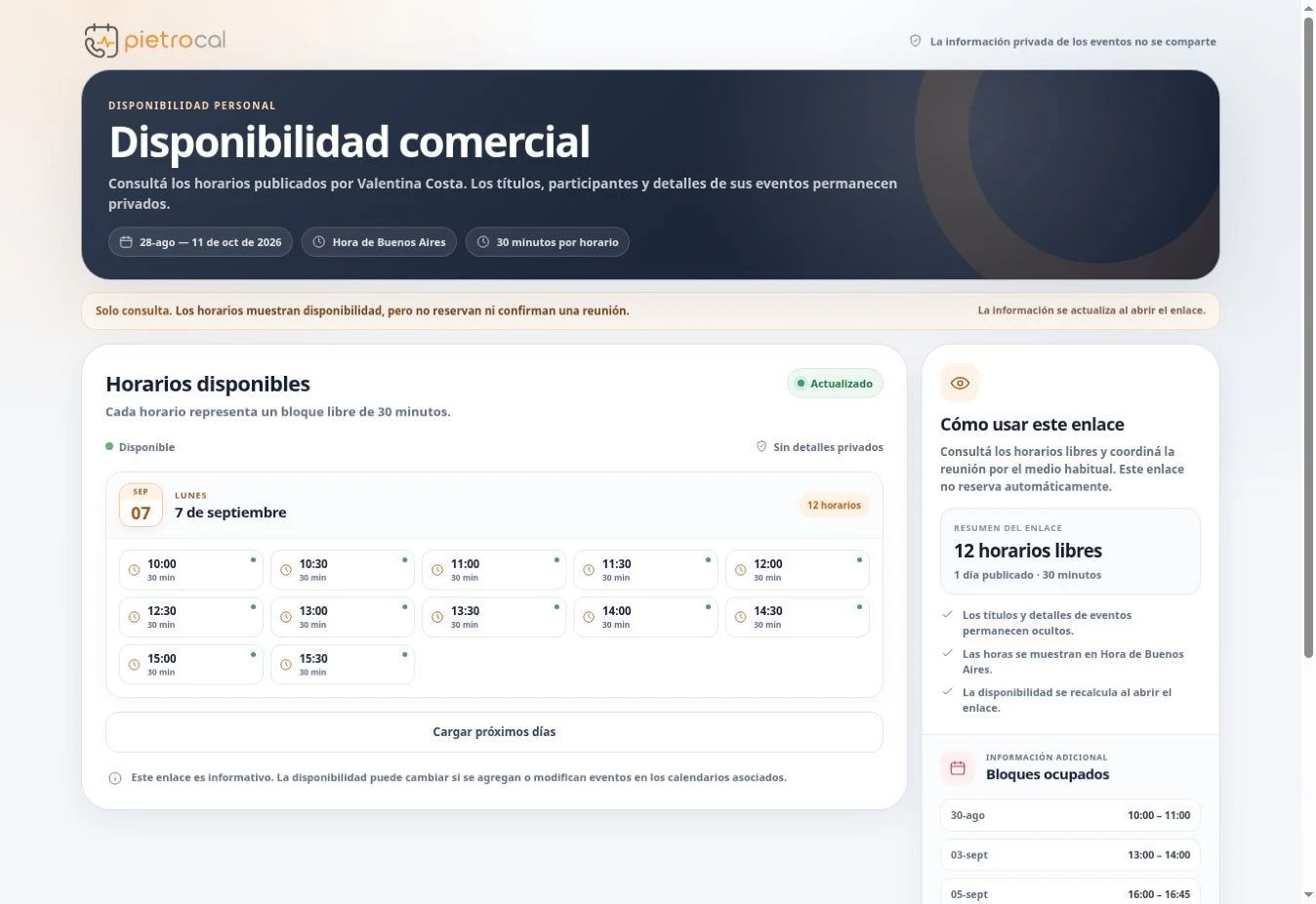 Disponibilidad online real publicada con PietroCal