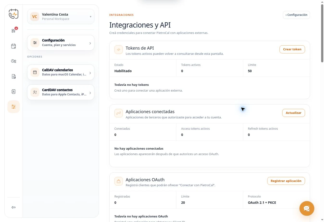 Pantalla real de Integraciones y API de PietroCal sin claves ni secretos visibles