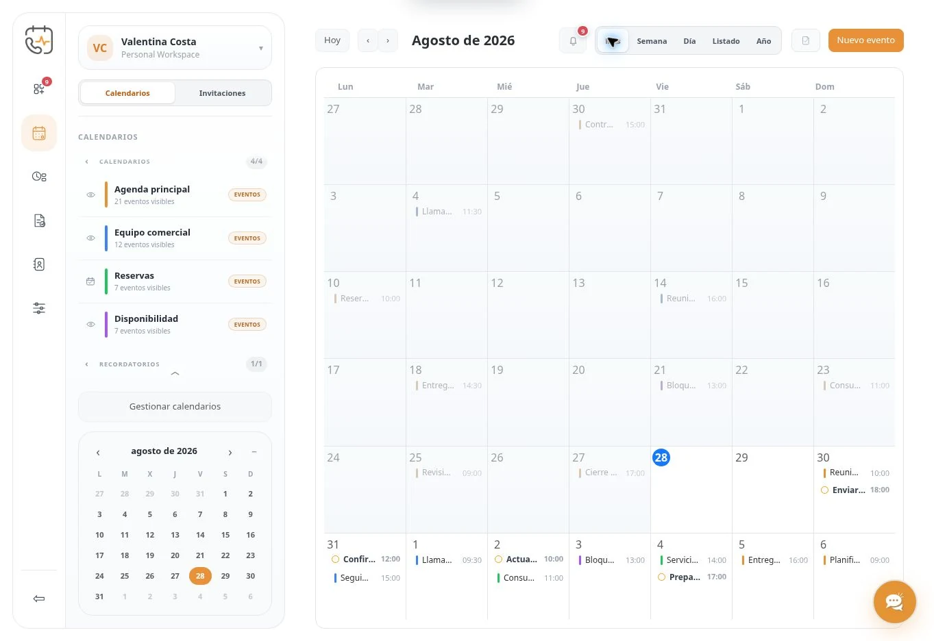 Vista histórica real de calendarios de PietroCal