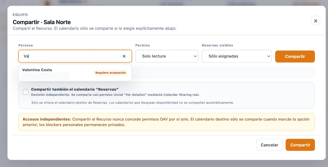 Interfaz real para compartir Sala Norte con una persona, permiso y alcance de reservas en PietroCal