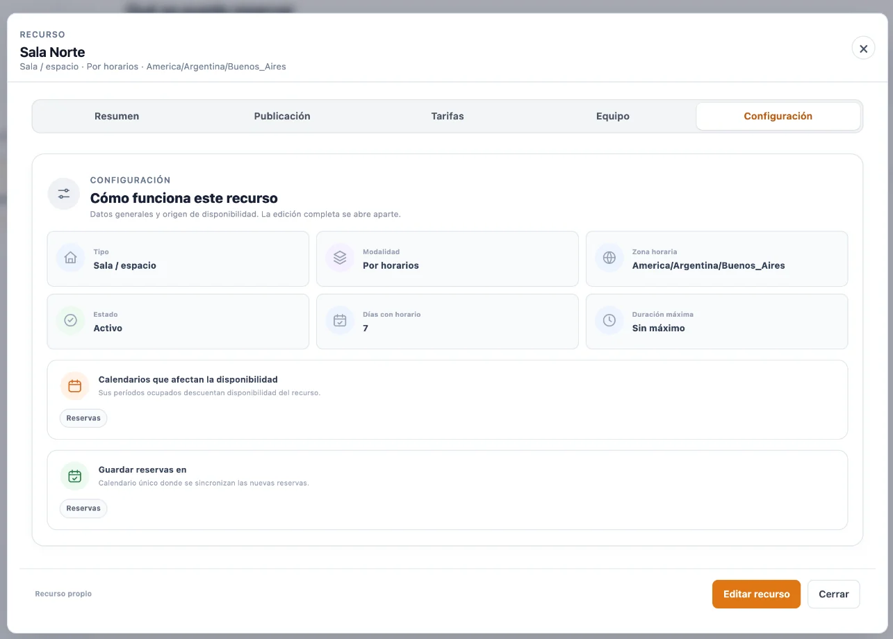 Sala Norte en la pestaña Configuración con tipo, modalidad, zona horaria y calendarios asociados en PietroCal