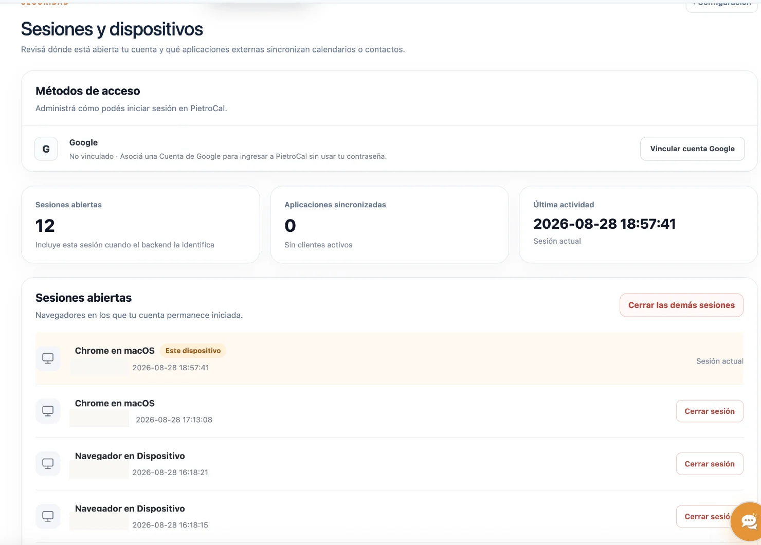 Pantalla real de Seguridad, sesiones y dispositivos en PietroCal